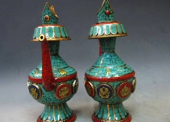 

9 Tibet Bronze Copper Handwork inlay turquoise Red coral flagon Stoup Pot Pair