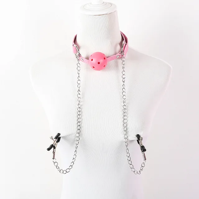 Leather Open Mouth Gag Ball With Nipple Clamps Harness Restraints Erotic Oral Fixation Fetish 