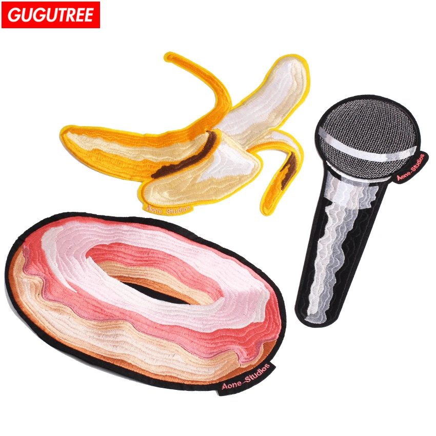 

GUGUTREE embroidery big banana patches donut microphone badge patches Applique Patch for Coat,T-Shirt,hat,bags,Sweater,backpack