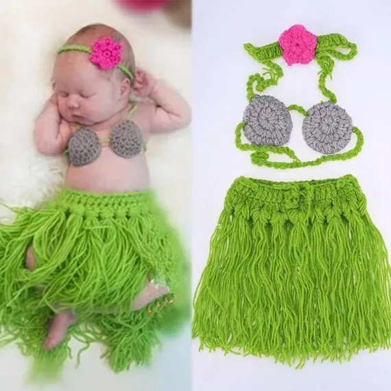 Детский костюм-реквизит для фотосъемки из 3 предметов, бюстгальтер и юбка с изображением маленькой зеленой травы, милая и модная одежда для фотосъемки детей