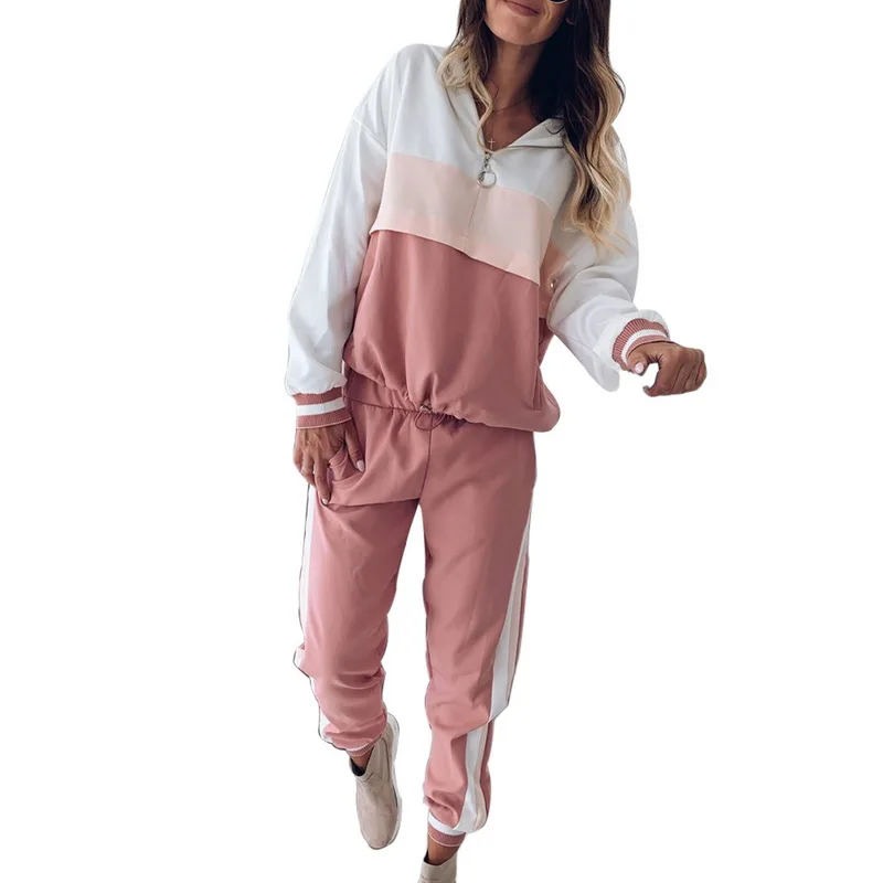 

Pink Patchwork Casual Women Sweatshirt Spring 2019 Hoodies Long Sleeve Pockets Zipper Loose Running Sweatshirts