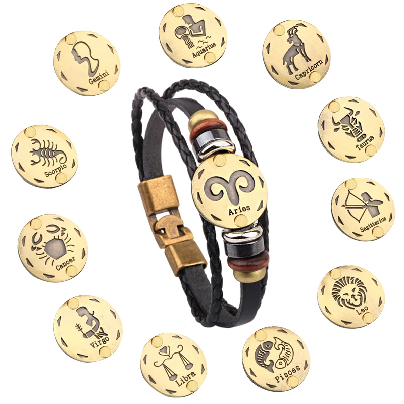 

Vintage Leather 12 Constellations Bracelets Men Jewelry Brand Braided Black Zodiac Casual Punk Rock Bracelets & Bangles