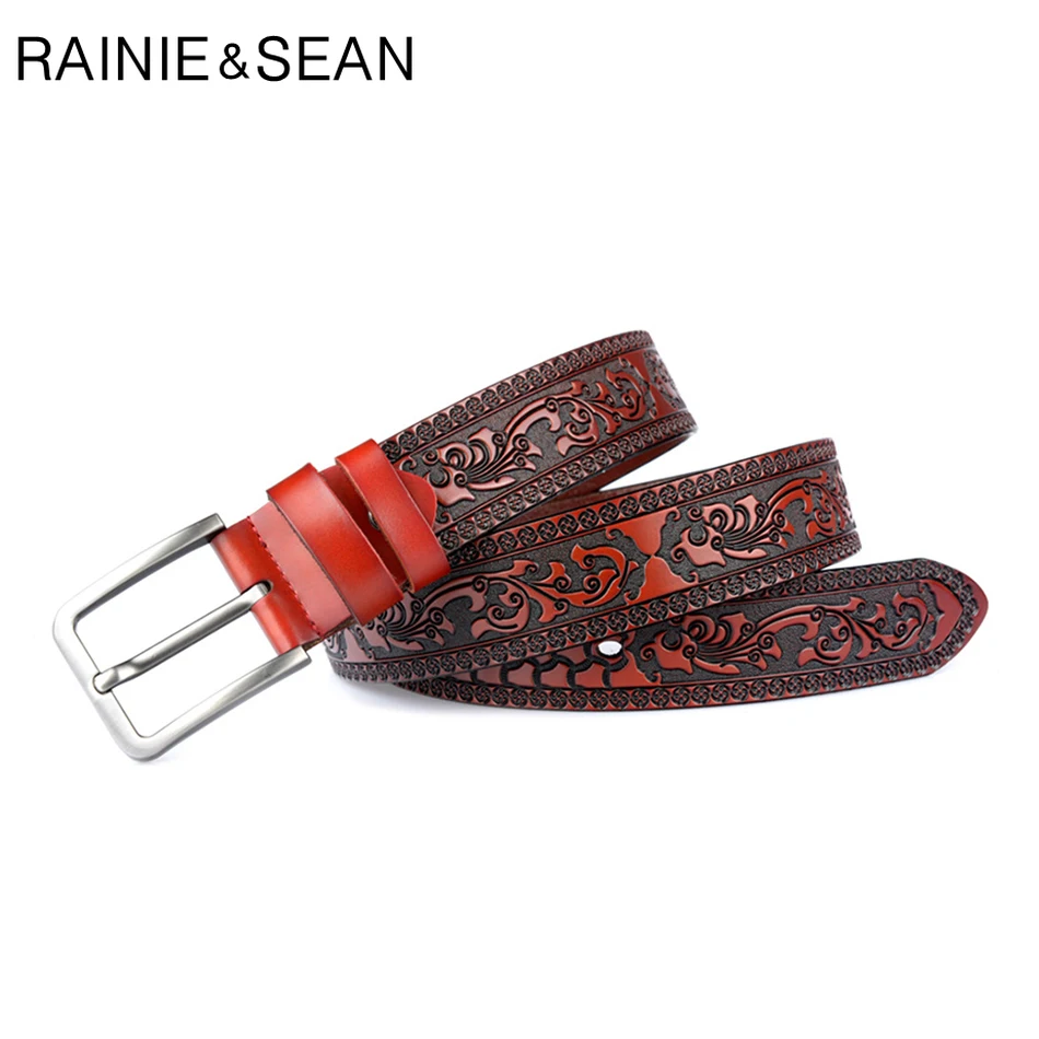 RAINIE SEAN Black Pin Belt Men Real Leather Embossed Belts Male Vintage Genuine Leather Cowhide Classic Designer Luxury Belts