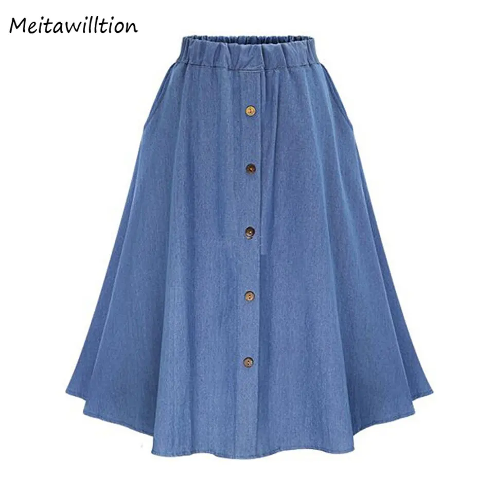 

Summer Women Denim Skirt 2018 Vintage Button High Waist Skirts Female Gown Pleated Midi Knee-length Skirts Lady Jean Sundress