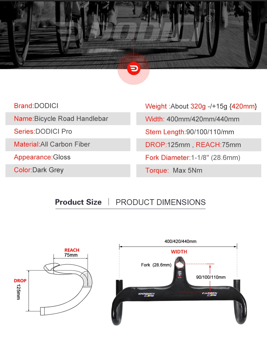 DODICI углерода руль для дорожного велосипеда интегрированы руль gloss с уплотнением углерода достигать 75 мм падение 125 мм 400/420/440*90/100/110 мм