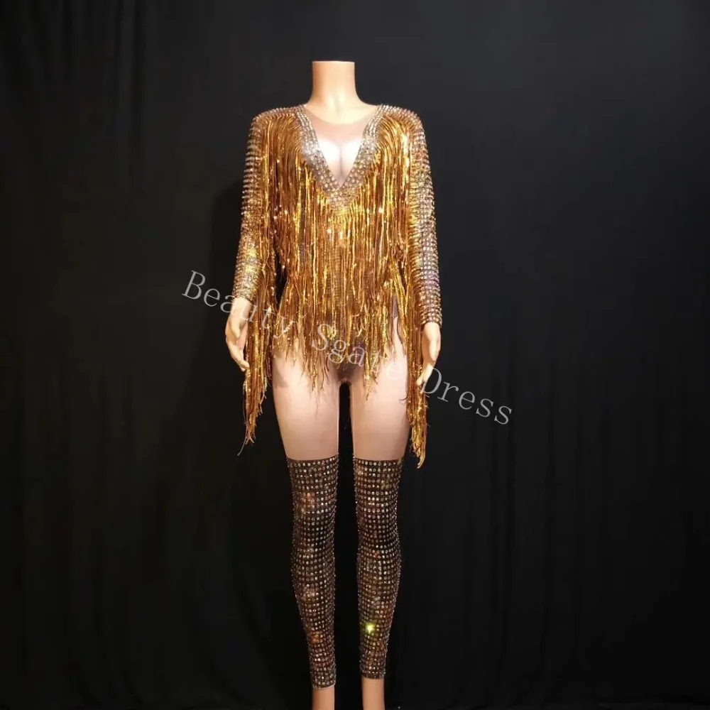 Bright Gold Rhinestones Tassel Spandex Jumpsuit Women Dance Birthday Celebrate Bar Big Stretch Jumpsuit Singer Costume Outfit gold jumpsuit sexy chain bodysuit novelty women latin dance costume party birthday sexy outfit nightclub dj show catwalk costume