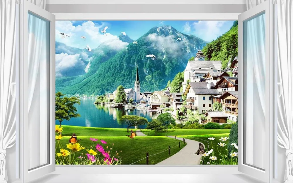 3d обои на заказ фрески окно пейзаж для комнаты Настенные обои|3d wallpaper|mural wallpaper3d room