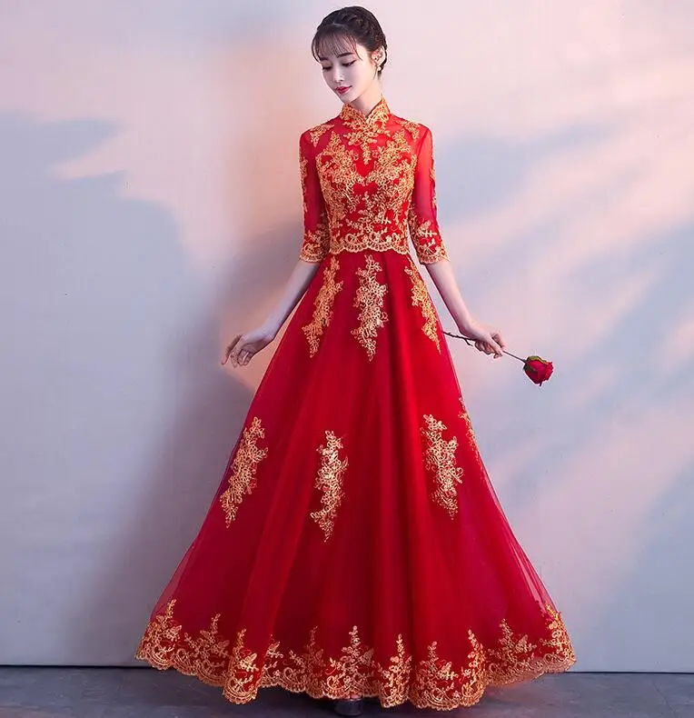 Красное традиционное китайское свадебное платье Cheongsam длинное Qipao свадебное традиционное Классическое женское платье восточные платья Vestido Novia - Цвет: red