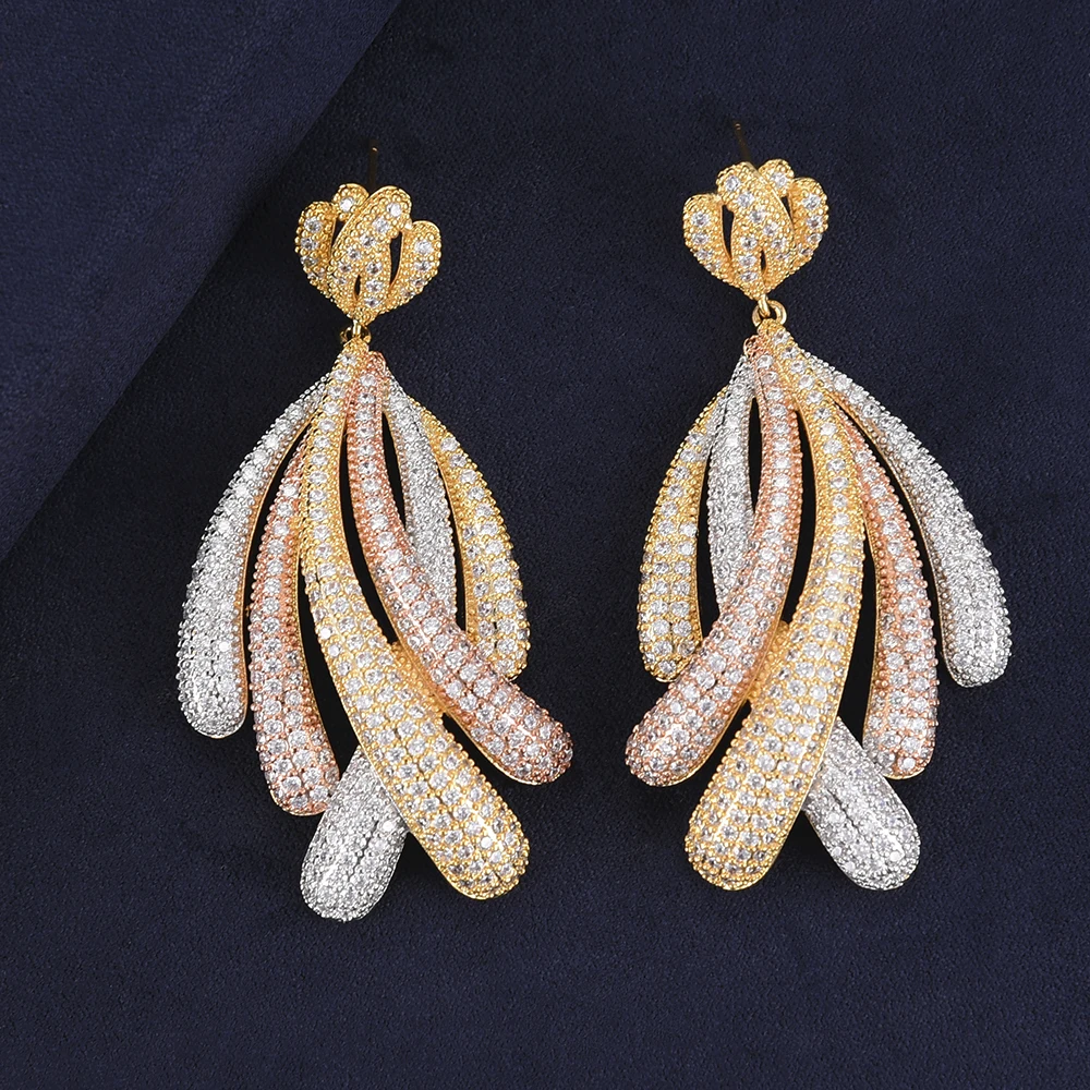 

Luxury Three Tones Feather Cluster Cubic Zirconia Inlaid Dangle Earrings For Women Girls Bridal Engagement Earrings Jewelry