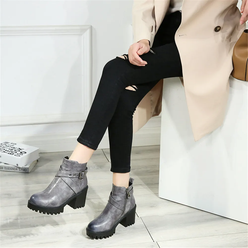 MoonMeek/модные женские ботинки; Цвет черный, коричневый; женские ботинки на молнии с круглым носком; Зимние Теплые ботильоны с пряжкой на квадратном каблуке