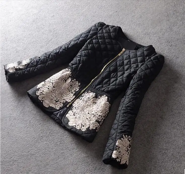 Beste HOGE KWALITEIT Nieuwe 2016 Mode Winter Jas vrouwen Lange Mouw Prachtige Borduurwerk Rits Donsjack Parka Maat M 3XL
