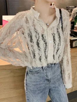 

2019 Blusas Plus Size Stand Polyester Cotton Full Regular Women Tops Europe And America Spring New Hollow Temperament Shirt Top