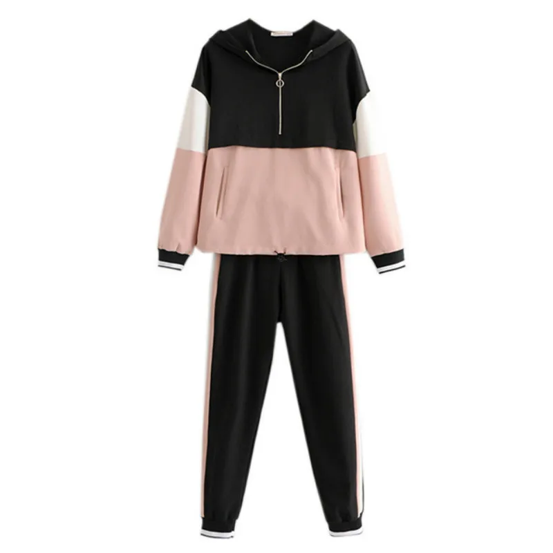 

motion Set female new women's two-piece autumn loose color matching long-sleeved jacket and elastic waist casual pants