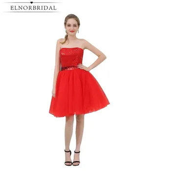 

Simple Sequins Red Cocktail Dress 2020 Vestido Cocktail Girls Homecoming Dresses A Line Strapless Short Prom Gowns