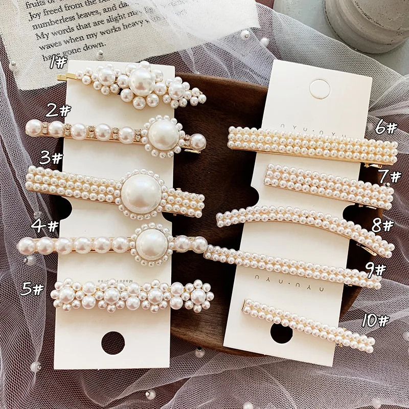 

Korea Style Women Fashion Imitiation Pearl Hair Clips Girls Flower Hairpins Shape Rhinestones Hair Accessories Long Barrettes