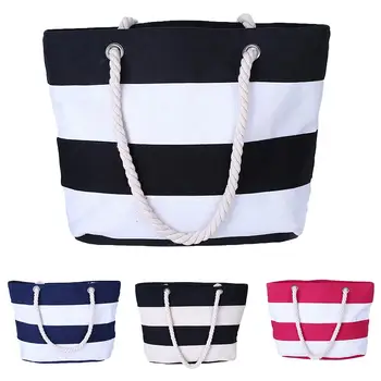 

Color Block Wide Stripe Shopping Shoulder Bag Women Rope Handle Tote Handbag