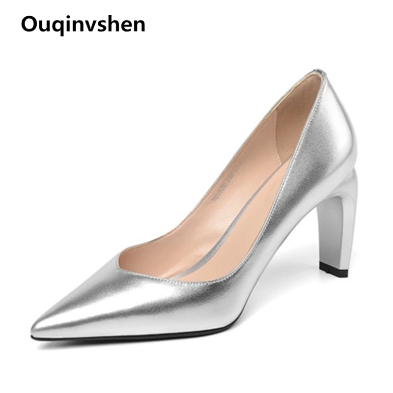 

Ouqinvshen Pointed Toe Party Heels Concise Shallow Genuine Leather Autumn Spring Ladies Shoes With Heels Elegant Sexy Nude Heels