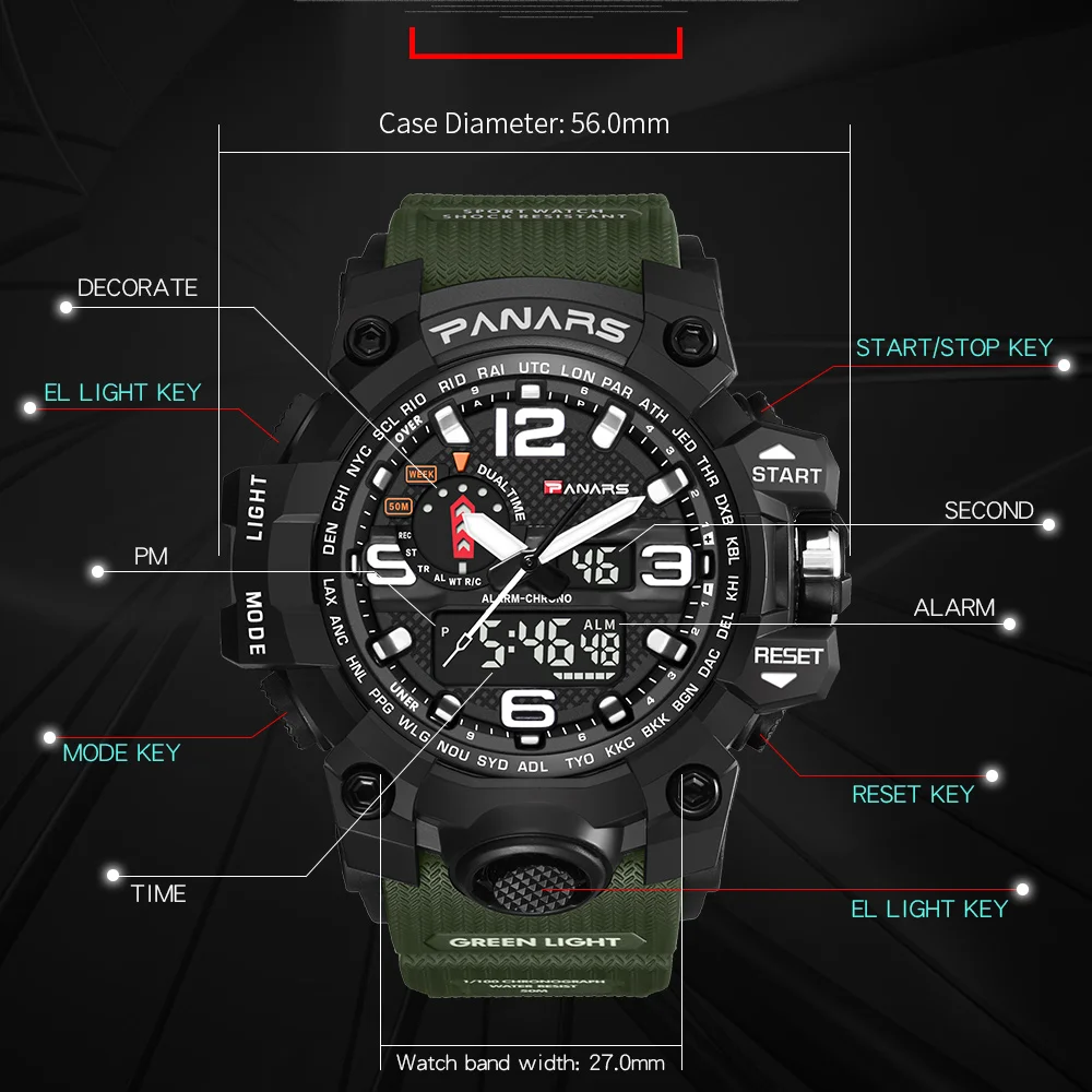 Panars Men's Watches Modern Digital Watch LED Analog Electronic Quartz Watches 50M Waterproof Sport Hand Watch Man With Compass