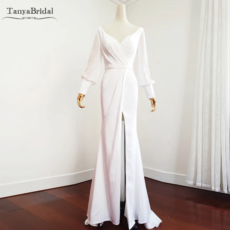 

V-Neck Long sleeve Evening Dresses Chiffon High split Long Prom Dresses Mermaid Vestido de Festa DE029