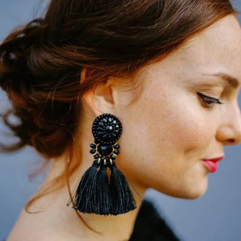 Boho Womens Thread Long Tassel Earrings Crystal Drop Statement Fringe Earrings