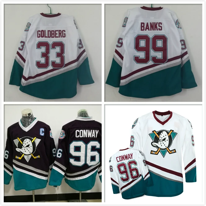 

White Purple #96 Charlie Conway #99 Adam Banks #33 Greg Goldberg Mighty Ducks Movie Ice Hockey Jerseys Custom Sport Sweater Men