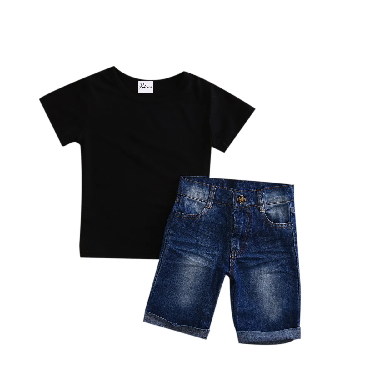 Для новорожденных Одежда для маленьких мальчиков и девочек черный хлопок короткий рукав Футболка с круглым вырезом футболки + Брюки для