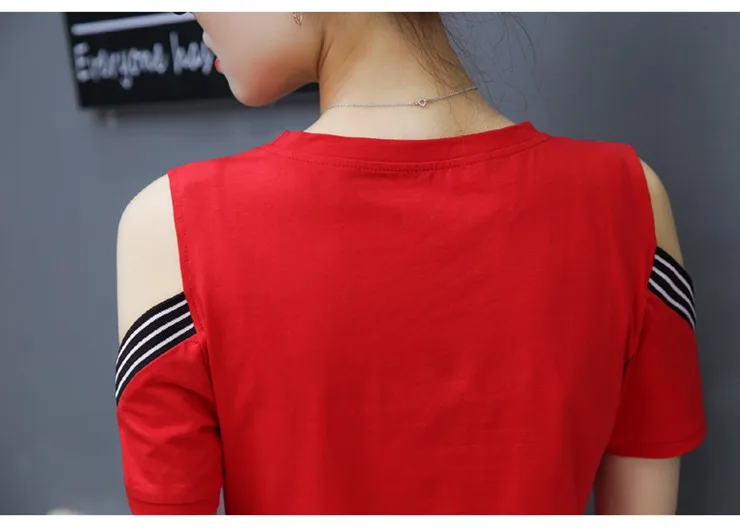 Casual T-shirts Women 2018 Fashion Patchwork Tops Tees Femme Short Sleeve Open Shoulder Tshirts Femininas Poleras Mujer (9)