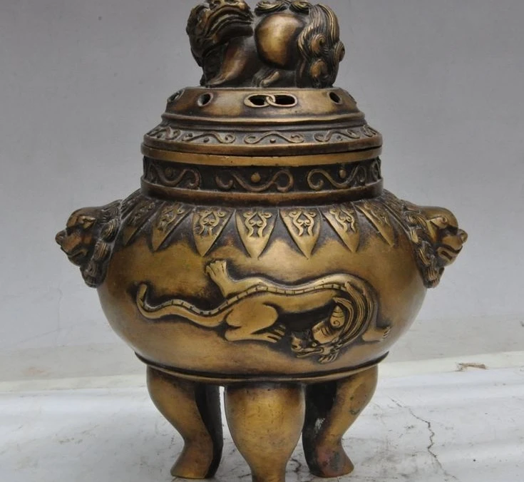 

old tibet buddhism bronze foo dog lion beast pixiu statue incense burner Censer