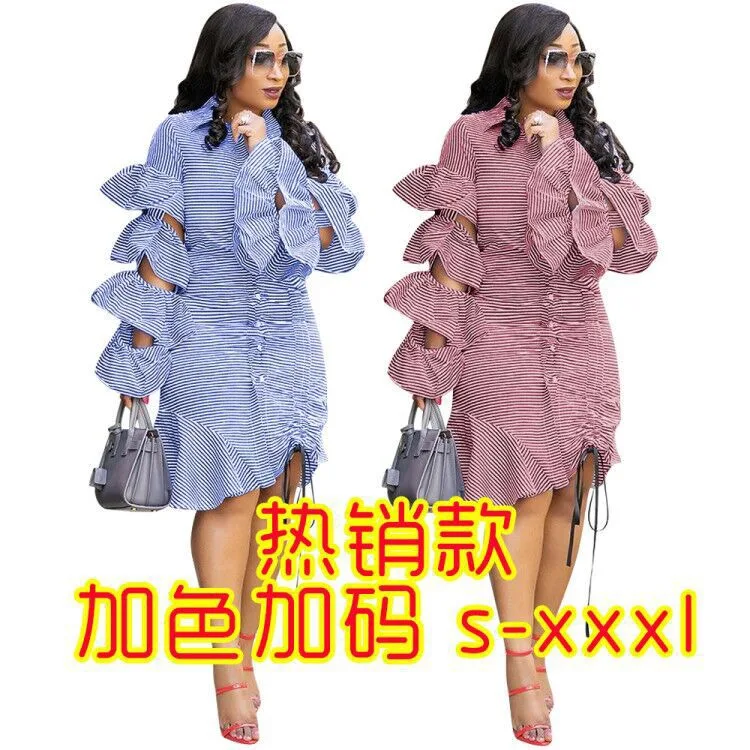 

New Style Sexy Blue/Red Striped Asymmetry Blouse Dress 2019 Spring Multi-layered Ruffle Sleeve Ruched Lace Up Shirt Dress L