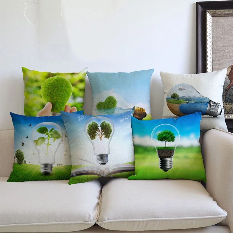

Green Environment Protection Public Serice Advertising Saving Bulb Throw Pillow Case Green Creative Solar Energy Cushion Covers