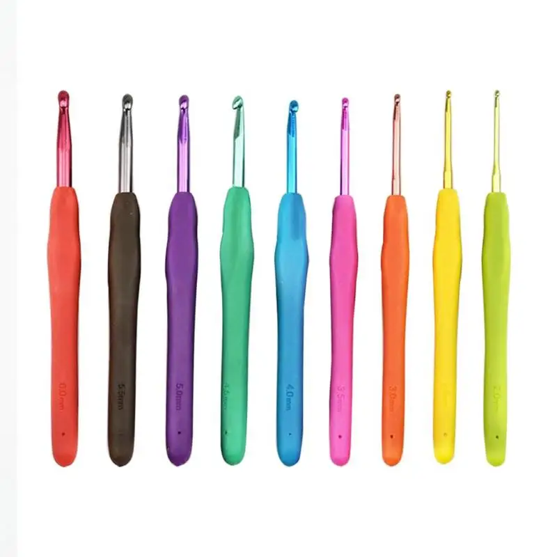 

9pcs Handle Crochet Hooks Sewing Needles TPR Handle Colorful Aluminum Length 14cm DIY Weaving Practical Knitting Tools Set E5M1