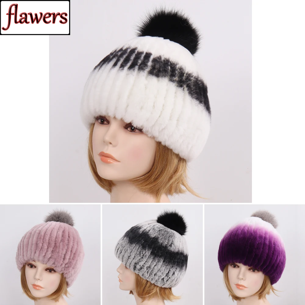 

New Lady Real Rex Rabbit Fur Hat Women Winter Warm Knit 100% Natural Rex Rabbit Fur Caps With Fox Fur Ball Skullies Beanies Hats