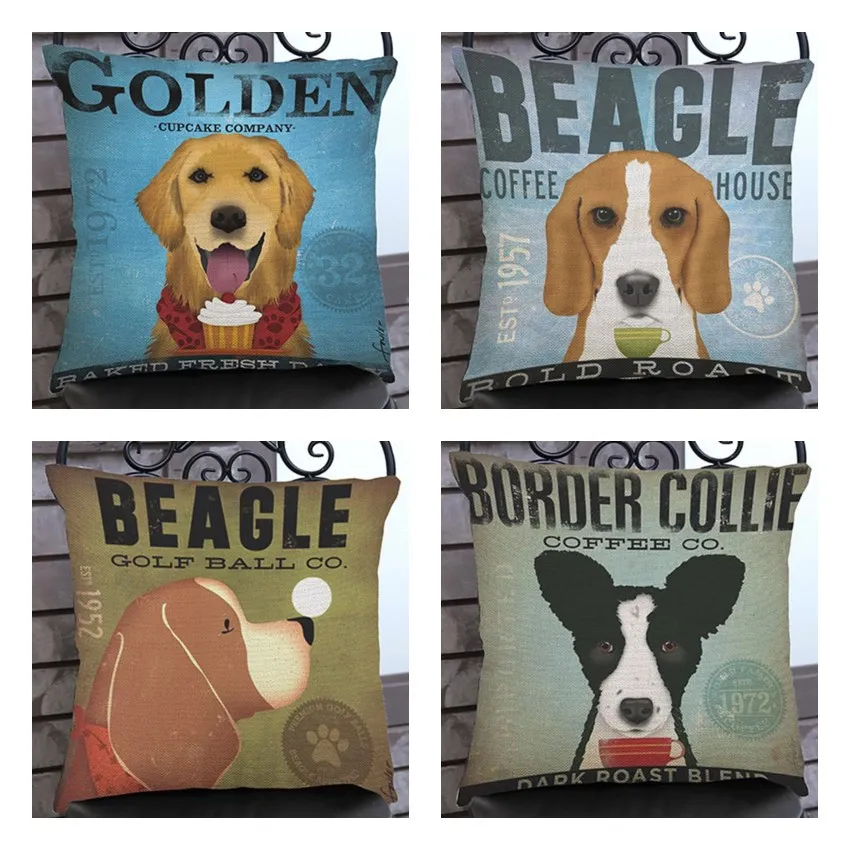 

Retro Nostaglgic Puppy Dog Print Decoration Pillows Vintage Poster stylish Cotton Linen Chair Seat Cushion For Coffee Shop