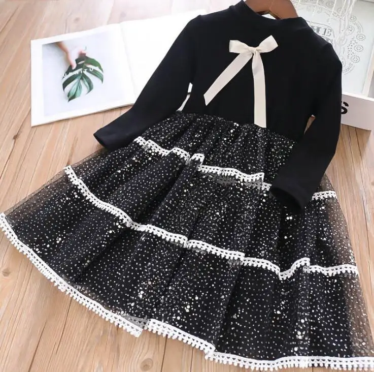 Осенние Хлопковые Платья принцессы с блестками для девочек, детское элегантное платье, 5 шт./партия