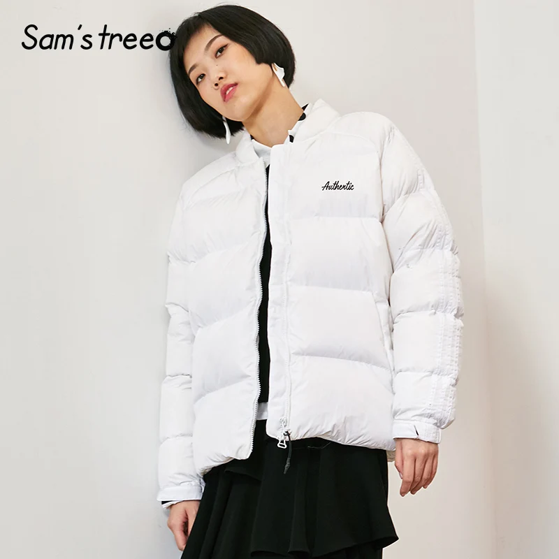

Samstree White Solid Patched Wide Waisted Warmness Down Coats 2019 Winter Casual Zipper Simple Short Female Jackets