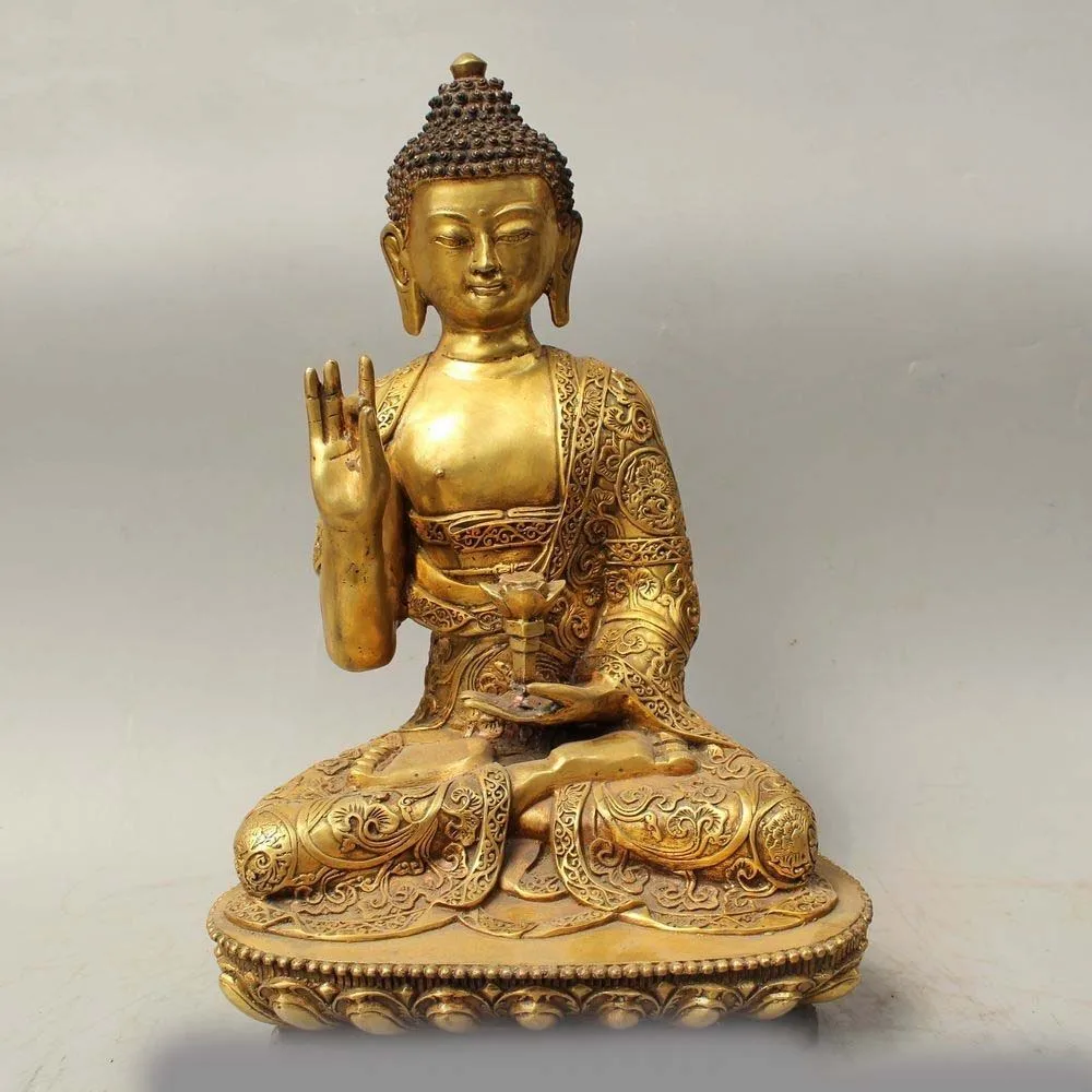 

17" Tibet Buddhism Bronze Gild Sakyamuni Shakyamuni Amitabha Buddha lotus Statue