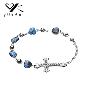 

YUKAM Jewelry Women Stainless Steel Beaded Blue Crystal Heart Cross Charm Bracelets Bangle Silver Color Jesus Christian Bracelet