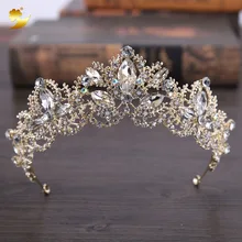 XinYun Baroque Luxury Crystal Bridal Crown Tiaras Light Gold Diadem Tiara for Women Sparking Rhinestone Wedding Hair Accessories