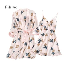 Fiklyc нижнее белье с цветочным принтом Сексуальное Женское Платье на подкладке и платье наборы Летняя мини ночная рубашка+ халат из двух частей пижамы