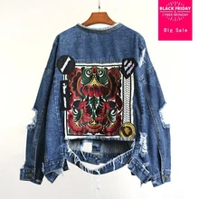 Женская джинсовая куртка с дырками, пальто, весна, новинка, винтажная вышивка, рваные, свободные, экстравагантные джинсы, пальто, пальто, L273