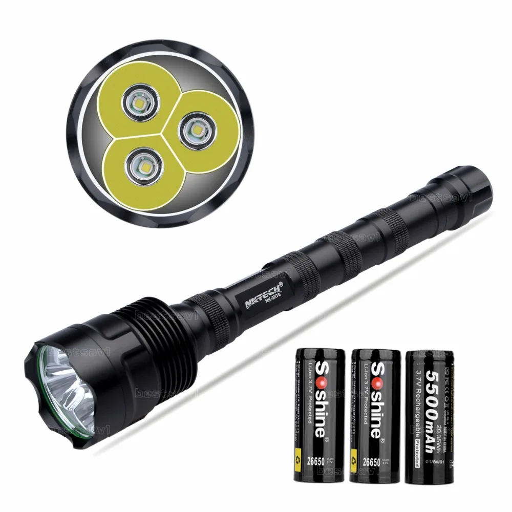 

NKTECH Super Bright NK-3XT6 3x Bulb T6 LED 3800LM 5 Modes Flashlights Torch and 3X Soshine26650 5500mAh Battery With PCB