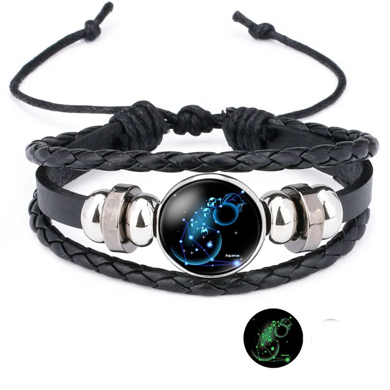 NIUYITID 12 Constellation Bracelet For Women Unisex Leather Jewelry Adjustable Luminous Universe Horoscope Male Boy Gift (6)