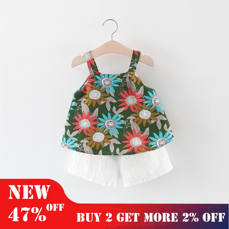 

New Baby Girls Floral Sleeveless Set Tops 2pc cotton Holiday outfit For Girl 3T Newborn Toddler Ruffle Clothes Summer Home Suit