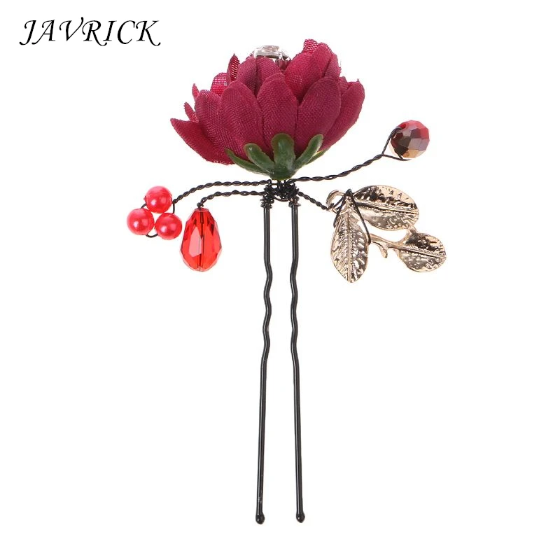 

Flower Hairpins Red Wedding Bride Chinese Vintage Headwear Bridal Floral Decoration Pins Comb Headdress Luxury Fashion Jewelry