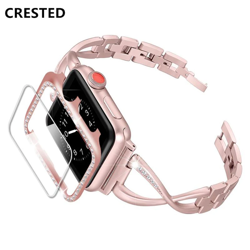

CRESTED Diamond strap for apple watch band 4 3 38mm 44mm iwatch band 42mm 40mm watchband+Diamond case cover and Screen Protector