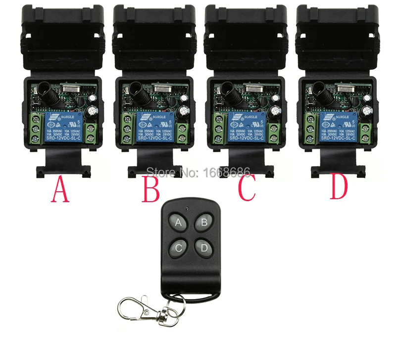 

Hot Sales RF Wireless DC 12V Remote Control Switch 1CH Interruptor 10A 4*Receiver & 1*Transmitter/lamp/ window/Garage Doors