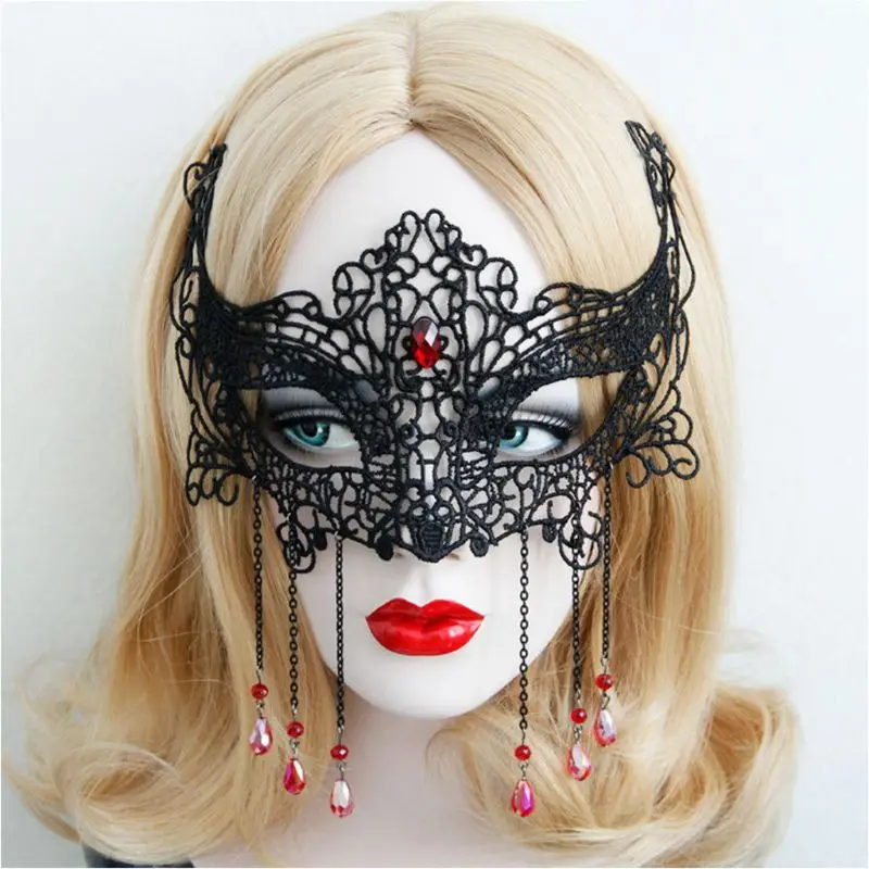 

Retro Black Lace Veil Eyes Cover Headdress Rhinestones Faux Gem Chain Tassel Sexy Half Face Mask Halloween Masquerade Couples Fl