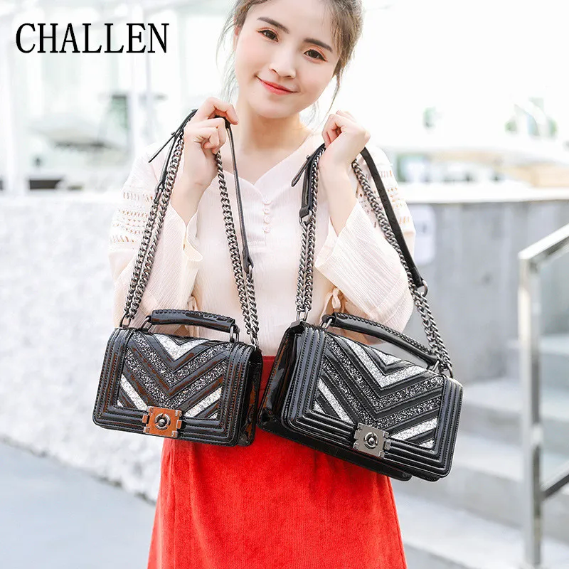 

Fashion New Sequins Stitching Chain Bag Women's Handbag 2018 High Quality Leather Diagonal Package Small Square Bag Shoulder Bag