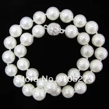 

Wholesale Shell Jewelry 12MM Rainbow White Sea Shell Pearl Round Beads Necklace 18'' White Crystal Ball Magnet Clasp Free Ship
