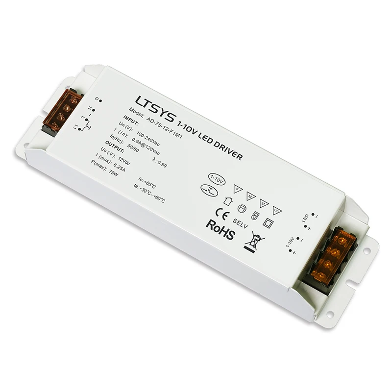 

LTECH 0-10V Dimming Driver AD-75-12-F1M1;AC100-240V input;75W 6.25A 12V output; Push DIM 1-10V 0-10V 10V PWM Led dimmable Driver